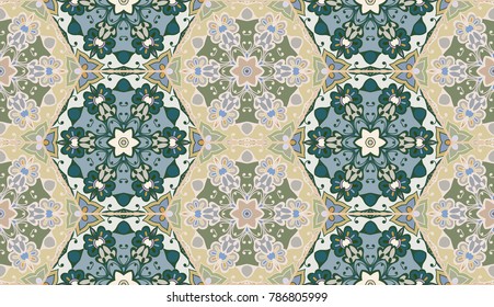 Colorful seamless pattern in mosaic style. Abstract hand drawn art, stylized floral doodle background. Tribal ethnic arabic, indian ornament. Vector patchwork quilt pattern. Textile fabric paper print
