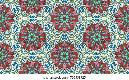 Colorful seamless pattern in mosaic style. Abstract hand drawn art, stylized floral doodle background. Tribal ethnic arabic, indian ornament. Vector patchwork quilt pattern. Textile fabric paper print