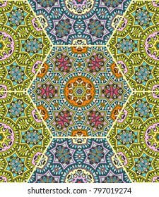 Colorful seamless pattern in mosaic style. Abstract hand drawn art, stylized floral doodle background. Tribal ethnic arabic, indian ornament. Vector patchwork quilt pattern. Textile fabric paper print