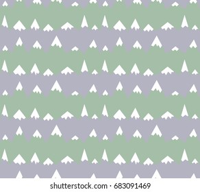 Colorful seamless pattern: mountain chain with snowy peaks. Background. Color: green, white, lilac.