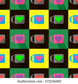 colorful seamless pattern with colorful mugs and hearts. retro style pattern. Bright pattern in 70s, 80s style is great for extravagant interior decorations and design in old-fashioned style