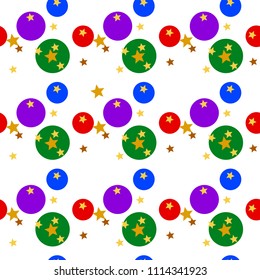 Colorful seamless pattern of multi-colored balls and gold stars on transparent (white) background. Vector illustration, EPS10. Use as wallpaper, backdrop or print on wrapping paper, tile, fabric etc.