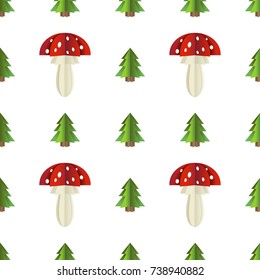 Colorful seamless pattern of mushrooms and fir cut out of paper. Vector forest illustration on white background. Simple cartoon flat style. The best for design textile fabric paper, wallpaper, kids.