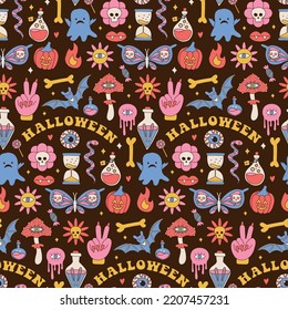 Colorido patrón sin costuras con hongos, fantasmas, calabaza y poción mágica. Groovy hippie Halloween Retro 60, estilo 70 de fondo. Tejidos psicodélicos, tejidos y papel de envoltura. Ilustración vectorial.