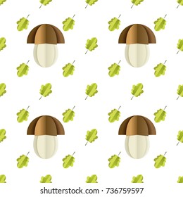 Colorful seamless pattern of mushrooms and leaves cut out of paper. Vector forest illustration on white background. Simple cartoon flat style. The best for design textile fabric paper, wallpaper, kids