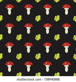 Colorful seamless pattern of mushrooms and leaves cut out of paper. Vector forest illustration on white background. Simple cartoon flat style. The best for design textile fabric paper, wallpaper, kids