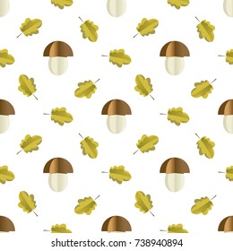 Colorful seamless pattern of mushrooms and leaves cut out of paper. Vector forest illustration on white background. Simple cartoon flat style. The best for design textile fabric paper, wallpaper, kids