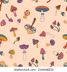 Colorful seamless pattern with mushrooms in retro colors. Flat vector illustration.