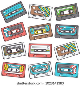 Colorful seamless pattern with music tapes, retro vector design on white background