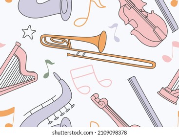 Colorful seamless pattern of musical instruments in a flat style