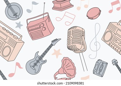 Colorful seamless pattern of musical instruments in a flat style