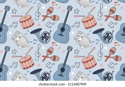 Colorful seamless pattern of musical instruments in a flat style