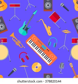 Colorful seamless pattern of musical instruments in a flat style