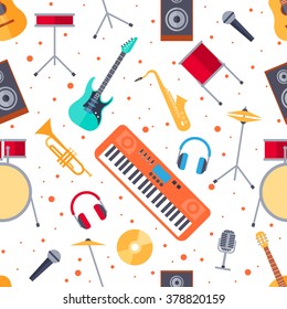 Colorful seamless pattern of musical instruments in a flat style