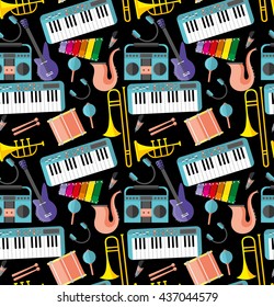 Colorful seamless pattern of musical instruments in a flat style