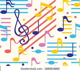 Colorful seamless pattern with musical notes and clef