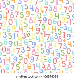 Colorful seamless pattern of numbers and mathematical signs from zero to nine. Vector  for children and school design.