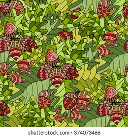 Colorful seamless pattern with oak branch, leaves and acorns in gypsy style. Vector backdrop. Bright endless floral background.