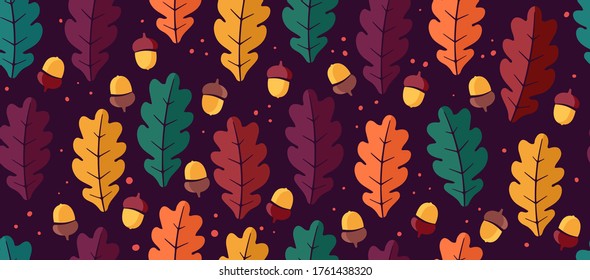 Colorful seamless pattern of oak leaves and acorns on a dark background.