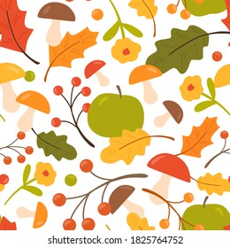 Colorful seamless pattern with oak leaves, mushrooms, apples, berries. Endless natural background with autumn foliage and flowers. Repeatable fall backdrop. Flat vector cartoon illustration