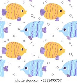 Colorful seamless pattern with ocean yellow blue triangular fish and bubbles in flat hand drawn style. For design, textile, background