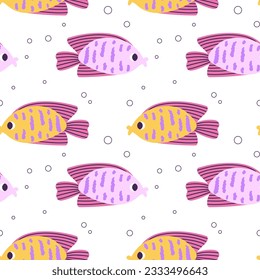 Colorido patrón sin fisuras con peces y burbujas de color rosa amarillo océano en un estilo dibujado a mano plana. Para diseño, textil, fondo