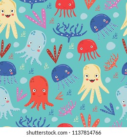 Colorful seamless pattern with octopus and corals on blue background. Great for textile design, prints, nursery decor, fabric printing. Cartoony style, funny characters.