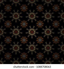 Colorful seamless pattern on black background. Winter vector frame with arabesques, doodles and brown and yellow snowflakes. Fine greeting card.