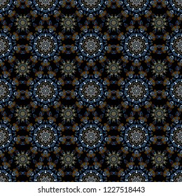 Colorful seamless pattern on black background. Winter vector frame with arabesques, doodles and blue, yellow and brown snowflakes. Fine greeting card.