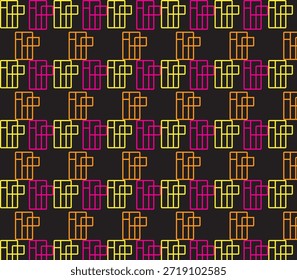 Colorful seamless pattern on black background. Triangles, serpentine, dots and zigzag. Fun colorful . 