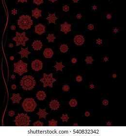 Colorful seamless pattern on black background. Winter vector frame with arabesques, doodles and red snowflakes. Fine greeting card.
