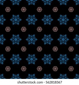 Colorful seamless pattern on black background. Winter vector frame with arabesques, doodles and blue and neutral snowflakes. Fine greeting card.
