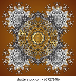 Colorful seamless pattern on a brown background. Winter vector frame with arabesques, doodles, dots and snowflakes. Fine greeting card.