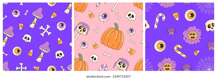 Colorful seamless pattern on halloween theme. Retro cartoon elements and characters. Mushroom, eyes, pumpkin, candy, skull, flower, web. Contemporary vector background.