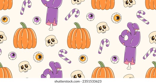 Colorful seamless pattern on halloween theme. Retro cartoon elements and characters. Zombie hand, pumpkin, candy, skull. Contemporary vector background.