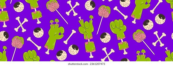 Colorful seamless pattern on the Halloween theme. Zombie hands, bones, eyes. Retro cartoon elements. Contemporary vector background.