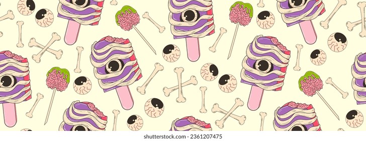 Colorful seamless pattern on the Halloween theme. Ice cream with an eye wrapped in a bandage, bones, eyes. Retro cartoon elements. Contemporary vector background.