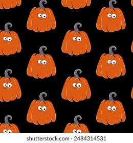 Colorful seamless pattern on Happy Halloween theme. Retro groovy character red pumpkin with creepy and skary face. Contemporary vector illustration on black background.