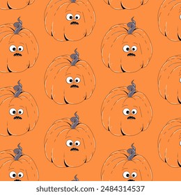 Colorful seamless pattern on Happy Halloween theme. Retro groovy character orange pumpkin with creepy and skary face. Contemporary vector illustration on orange background.
