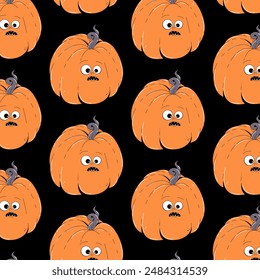 Colorful seamless pattern on Happy Halloween theme. Retro groovy character orange pumpkin with creepy and skary face. Contemporary vector illustration on black background.
