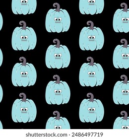 Colorful seamless pattern on Happy Halloween theme. Retro groovy character blue pumpkin with creepy and skary face. Contemporary vector illustration on black background.