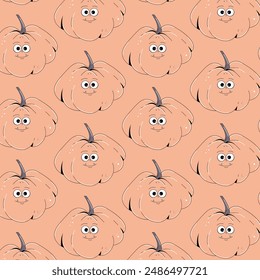 Colorful seamless pattern on Happy Halloween theme. Retro groovy character pink pumpkin with creepy and skary face. Contemporary vector illustration on pink background.