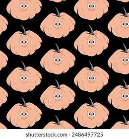 Colorful seamless pattern on Happy Halloween theme. Retro groovy character pink pumpkin with creepy and skary face. Contemporary vector illustration on black background.