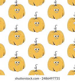 Bunte nahtlose Muster auf Happy Halloween Thema. Retro-grooviger Charakter gelber Kürbis mit gruseligen und skariösen Gesicht. Zeitgenössische Vektorillustration auf weißem Hintergrund.