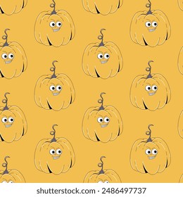 Colorful seamless pattern on Happy Halloween theme. Retro groovy character yellow pumpkin with creepy and skary face. Contemporary vector illustration on yellow background.