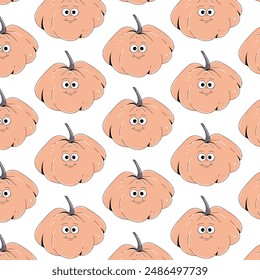 Colorful seamless pattern on Happy Halloween theme. Retro groovy character pink pumpkin with creepy and skary face. Contemporary vector illustration on white background.