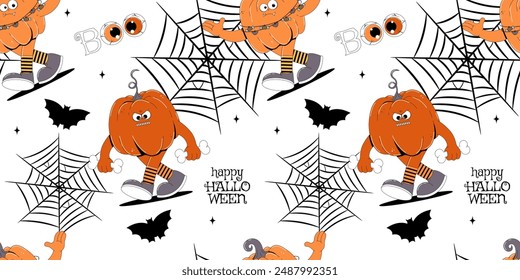 Colorful seamless pattern on Happy Halloween theme. Walking groovy character pumpkins with creepy and skary face. Contemporary retro vector illustration on white background.