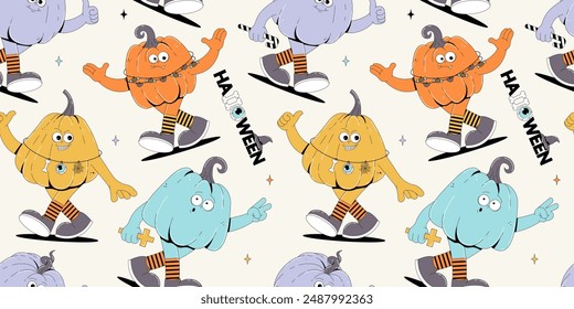 Colorful seamless pattern on Happy Halloween theme. Walking groovy character pumpkins with creepy and skary face. Contemporary vector illustration.