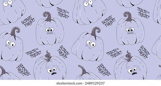 Colorful seamless pattern on Happy Halloween theme. Retro groovy character violet pumpkin with creepy and skary face. Contemporary vector illustration on violet background.