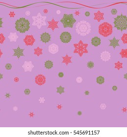 Colorful seamless pattern on a neutral background. Winter vector frame with arabesques, doodles, dots and snowflakes. Fine greeting card.